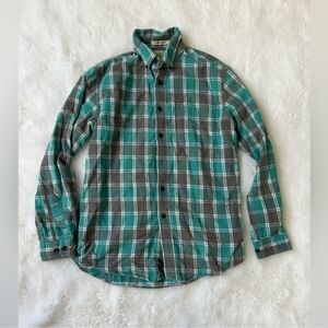 LL Bean Teal Green & Gray Slightly Fitted Flannel Plaid Shirt